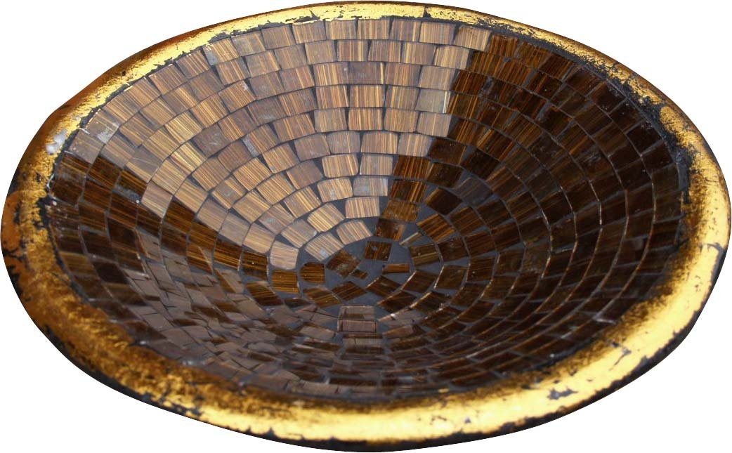 GURU SHOP Runde Mosaikschale, Untersetzer, Dekoschale, Handgearbeitete Keramik & Glas Obst Schale - Design 5, Braun, Größe: Klein (Ø 29 Cm), Schalen