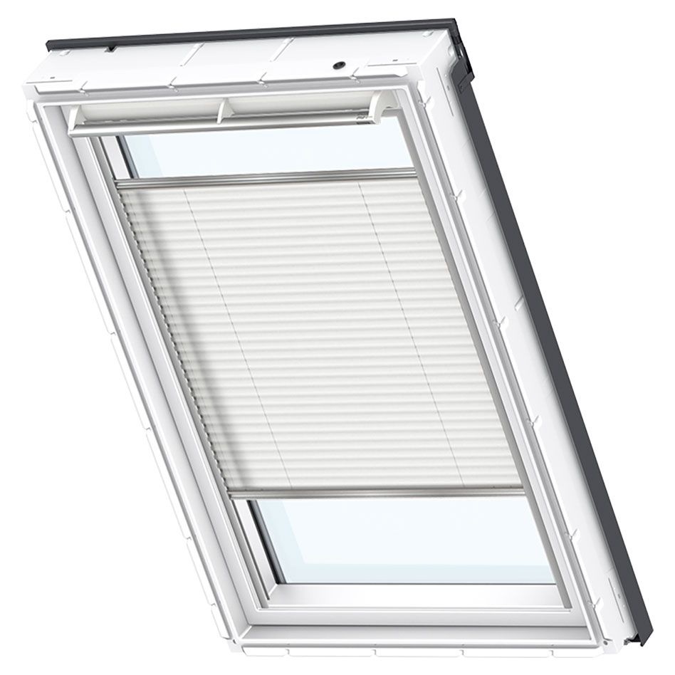 VELUX Flachdachfenster Plissee FMG Elektro Uni Weiß 1016S Faltstore, 60x60 cm (060060), CFP,Elektro,VELUX,weiße Schiene