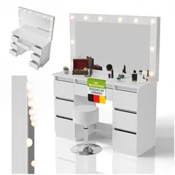 Juskys Schminktisch Lilia mit LED-Spiegel & Hocker Tonia, Helligkeit & Farbtemperatur individuell einstellbar, viel Stauraum – Weiß