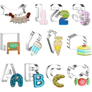 DPKOW 12pcs Schulanfang Ausstechformen Set, Edelstahl Einschulung Cookie Cutter Schuleinführung Keksausstecher, Schulanfang Plätzchen Bonbons Fondant Backen Formen, Zuckertüten ABC 123 Stift Buch