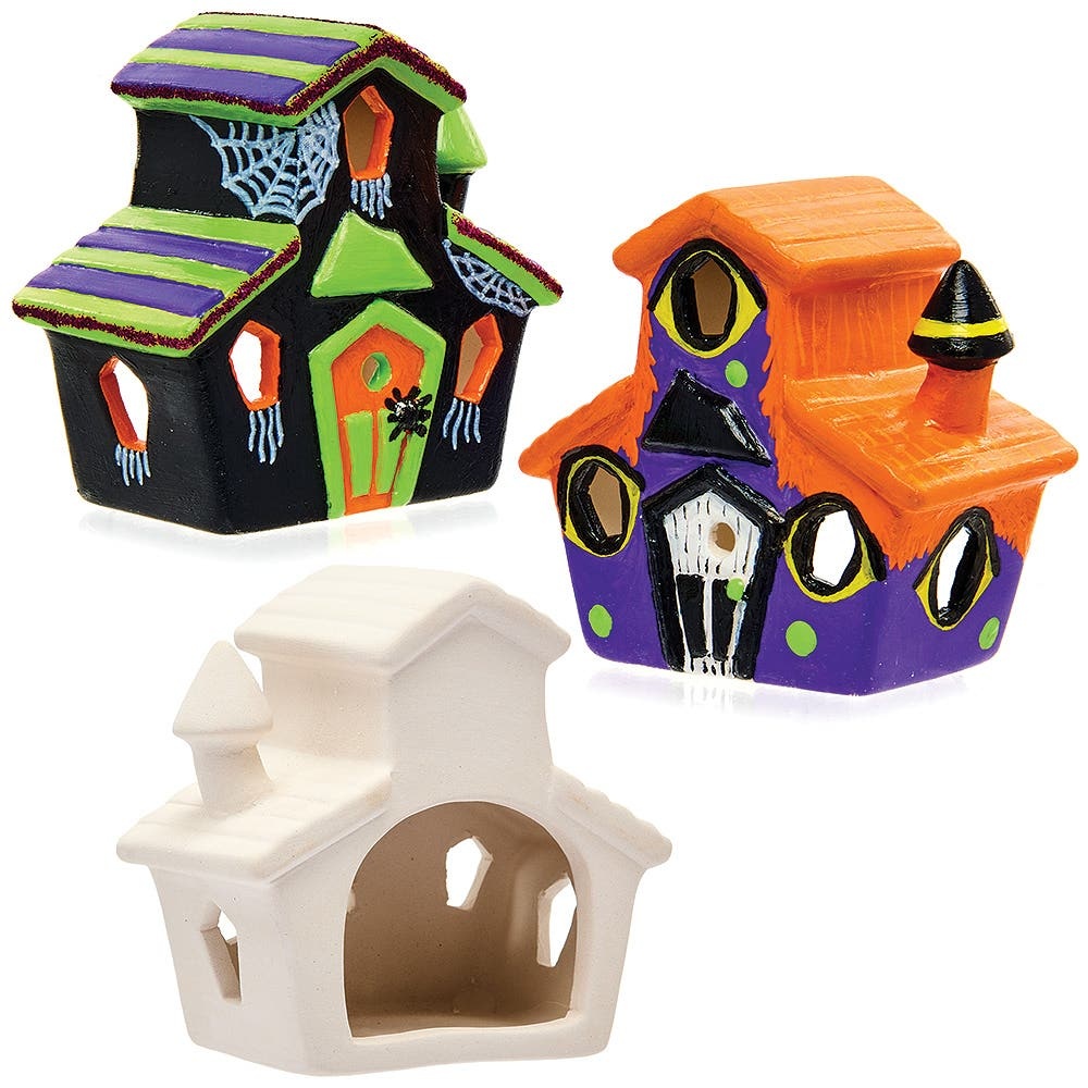 Teelichthalter aus Keramik "Spukhaus" (Box mit 3) Halloween-Basteleien