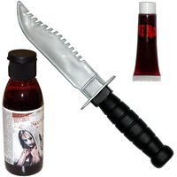 Survivalmesser mit 100 ml Blut Sägemesser Kunstblut Halloween Theatermesser Kostümzubehör Messer
