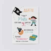 Einladungskarten Kindergeburtstag (5 Karten) selbst gestalten, Piratenparty - Blau