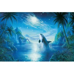 Fototapete PAPERMOON "TROPISCH-PALMEN TIERE DSCHUNGEL MEER ORKA", bunt, B:2,00m L:1,49m, Vlies, Tapeten