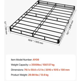 Vevor Boxspringbettgestell (Queen-Size) mit Waschbarem Stoffbezug, Metallrahmen (2010 x 1515 x 130 mm) für Queensize-Betten, 13 cm Matratzenauflage, Max. Belastbarkeit 1587,57 kg, Matratzenfundament