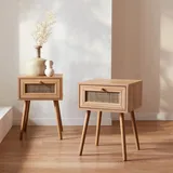 sweeek 2er-Set Nachttische mit Holzlook & Rohrgeflecht, 1 Schublade - Bohème