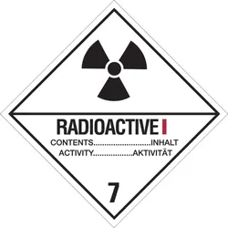 Gefahrzettel, Gefahrgutklasse 7A - Radioaktive Stoffe, Kategorie: I-WEISS - 100x100 mm Folie selbstklebend