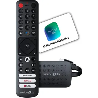 WAIPU waipu.tv 4K Stick + 12 Monate Perfect Plus | TV-Kombi | Fernsehen über WLAN | Fernbedienung mit Schnellwahltasten (mit TV-Steuerungstasten) | HDMI | 4K | HDR