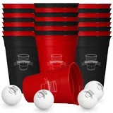 RedCupShop® Beer Pong Becher Mehrweg | Hartplastik Set inkl. 24 Becher & 6 Bälle | Spülmaschinenfest, extra stabil, Made in Germany (Rot/Schwarz)