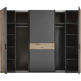 SchlafKONTOR Kleiderschrank SCHLAFKONTOR "Daria Drehtürenschrank, Schwebetürenschrank, Schiebetürenschrank", grau (graphit, viking oak hell), B:267cm H:210cm T:60,4cm, Melamin, Schränke, Kleiderschrank, Absetzung in Viking Oak heller Rillenoptik