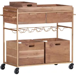 Servierwagen GUTMANN FACTORY "Bonnie", bunt (natur, gold), B:90cm H:81cm T:40cm, Rollwagen, aus Massivholz Akazie