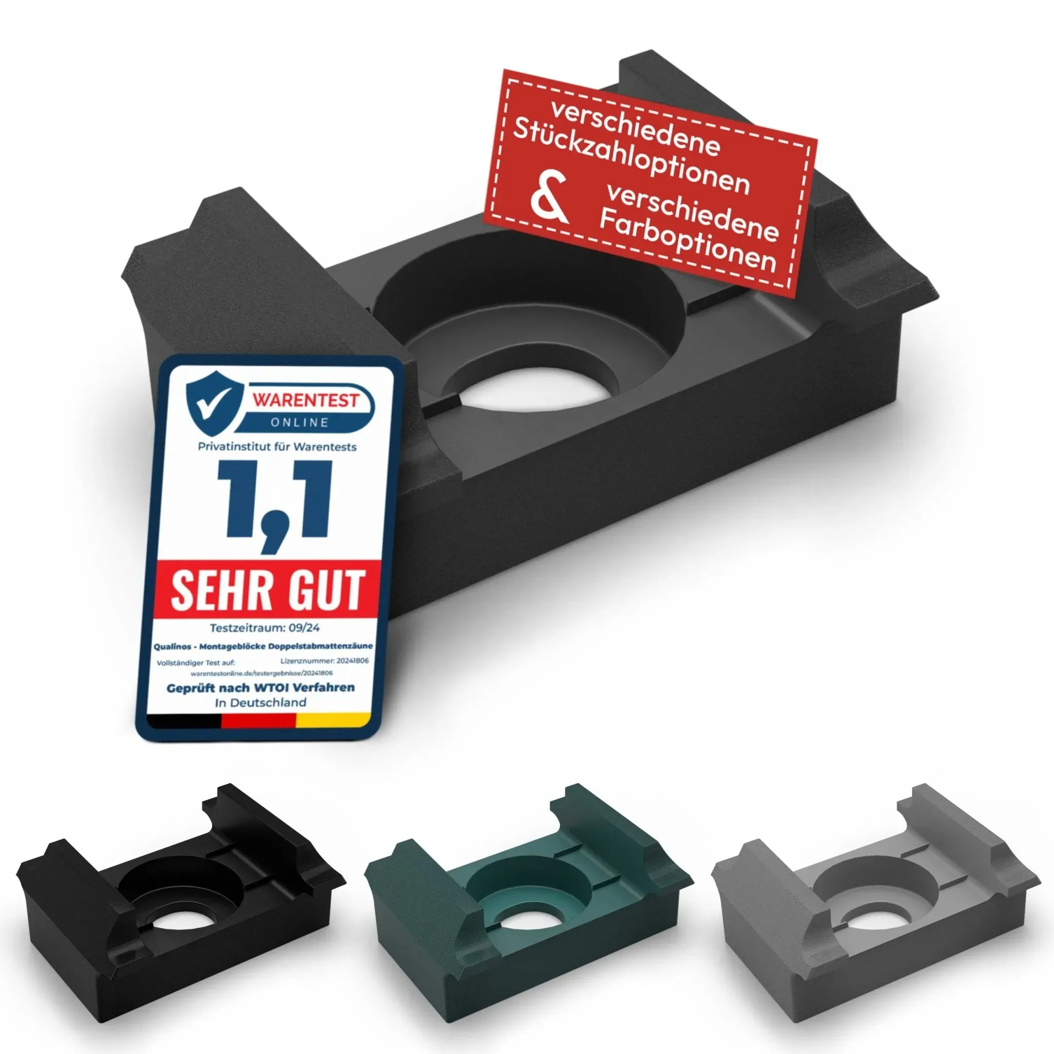 60 Stück – Qualinos Universal-Klemmbock flach Anthrazit: Keine Führungsnasen, passt auf alle ebenen Flächen. Doppelstabmatten 6/5/6 und 8/6/8 mm. PP-COPO, UV-stabil, Made in Germany.