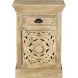 Kommode SIT, beige (natur), B:50cm H:72cm T:35cm, Massivholz, Metall, Sideboards, Kombikommode, Mit aufwändigen Holzschnitzereien