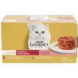 Purina Gourmet Gold Intrecci Di Gusto Nassfutter für Katzen mit Huhn und Rind, Truthahn und Lamm, 4 Dosen à 85g