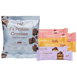 nu3 Fit Protein Crossies + Protein Bar, Salted Caramel + Protein Bar, Chocolate Brownie + Protein Bar, White Chocolate Raspberry