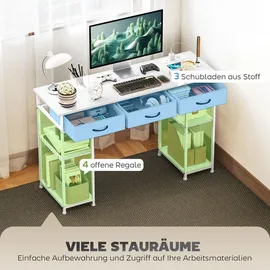Homcom Schreibtisch Küchentisch mit 2 Steckdosen Computertisch mit verstellbare Regalböden 3 Stoffschubladen Arbeitstisch Laptoptisch Büroregal Weiß 120x40x76 cm