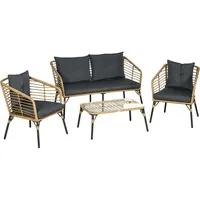 Outsunny Gartenmöbel-Set, Rattan Sitzgarnitur mit Kissen, Sitzgruppe mit 3 Sesseln, 1 Couchtisch, Balkonmöbel im Boho-Stil für 4 Personen,