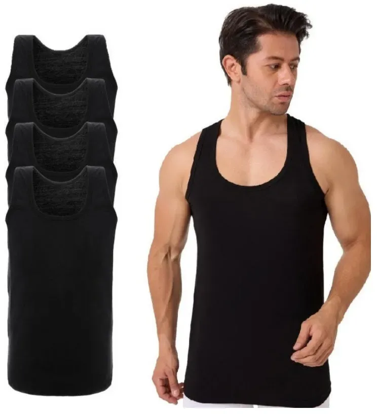 4er Pack Herren Achselhemd Unterhemd Tanktop 100% Baumwolle Weiß & Schwarz M Schwarz