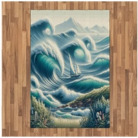 Teppich Flachgewebe Deko-Teppiche für das Wohn-,Schlaf-, und Essenszimmer, Abakuhaus, rechteckig, Nautisch Boot auf riesigen Wellen blau|grün 120 cm x 180 cm