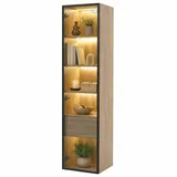 FurnitureR Glasvitrine 40 x 34,5 x 165 cm, helle Holzoptik mit Schwarz, Vitrinenschrank aus MDF und Glas mit LED-Beleuchtung, 1 Schubladen und 1 Glastüren für Esszimmer Wohnzimmer Bad