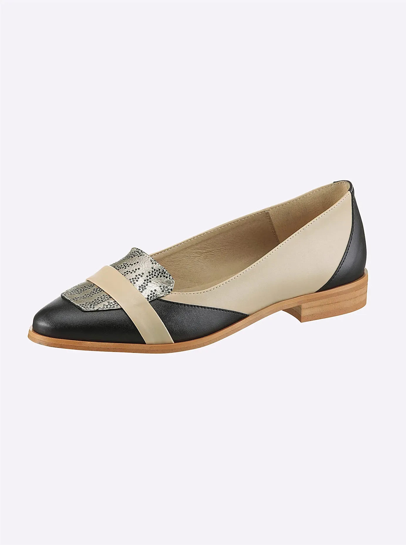 Slipper HEINE, Damen, Gr. 35, beige (sand, schwarz), Glattleder, Leder, Rindsleder, Synthetik, Schuhe Slipper