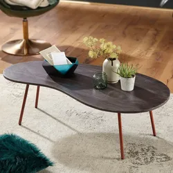 Kadima Design Retro-Couchtisch `Calabria`: Massivholz, Metallbeine, Pflegeleichte Tischplatte, Nierenform. Beige, 122x63x36 cm