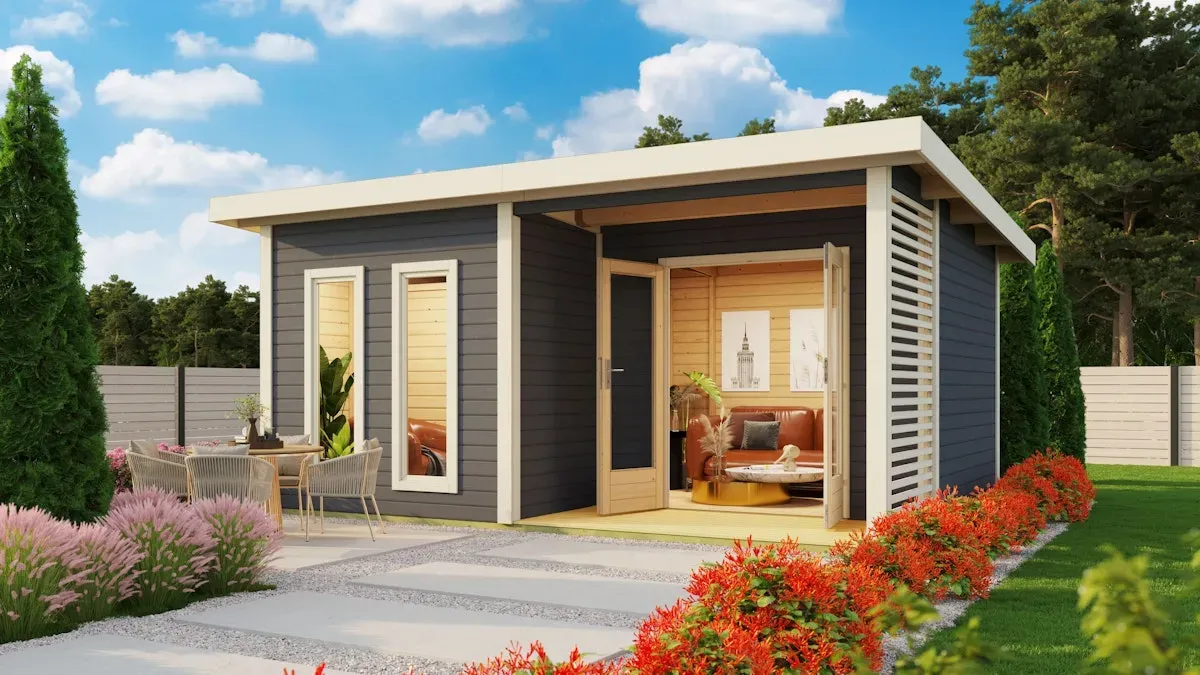 Karibu Saunahaus Mainburg 5 mit Vorraum - 38 mm naturbelassen Set B (Sauna B 2,25 x T 1,9 m mit 3 Liegen 57/52 cm) 9 kW Bio-Kombiofen inkl. Huum Wlan Steuergerät mit App-Funktion