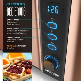 Arendo Toaster für 4 Scheiben, 1500W, Langschlitz, Brötchenaufsatz, Wärmeisoliert, Display, Kupfer