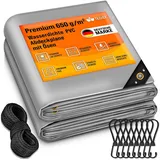 tillvex Abdeckplane Grau 5x7 m mit Ösen + 10 Haken & 15m Seil Gewebeplane 650g/m2 Wasserdicht & Reißfest Premium PVC-Plane Universell lkw, Pool, Holz