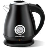 Aigostar Adrian Retro Edelstahl Wasserkocher mit Analoger Temperaturanzeige, 1,7L, 2200W Teekocher mit sichtbarer Wasserstandslinie, Led-Licht, Heißwasserkocher mit Automatischer Abschaltung, Schwarz