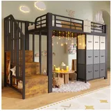 Merax Hochbett Kinderbett Jugendbett mit Sicherheitsgeländer (1-St) Metallbett 140x200cm mit Stauraumtreppe, Schubladen, Kleiderstange schwarz 95 cm x 251.5 cm x 140 cm