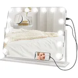 Homcom Hollywood Spiegel mit Beleuchtung 62,5x52 cm 360°Drehbar Schminkspiegel mit 15 LED Licht 3 Lichtfarben USB-Ladeanschluss Handyhalterung