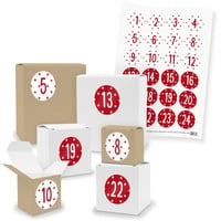 itenga Adventskalender 24x Geschenk Würfel Quader gemischt Zahlen Sterne Rot