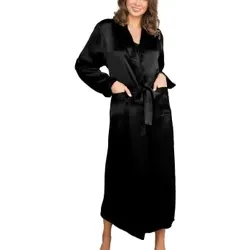 Lady Avenue Pure Silk Long Robe Schwarz Seide Medium Damen