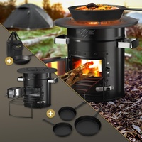 BBQ#BOSS Raketenofen mit Grillpfanne, Tragetasche, Stahl, Schwarz, + 3-tlg. Gusseisen Pfannen Set, Campingkocher Holz Brennholzständer, Doppeltür, Camping BBQ Holzofen, Outdoor, Dutch Oven Raketenherd