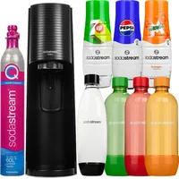 Wassersprudler SodaStream Terra Black + 4 Flaschen, Grün/Schwarz/Orange/Rot, 1L + Pepsi-Sirupe, Mirinda, 7UP - Schwarz