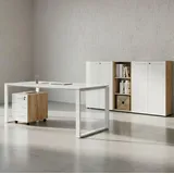 KADIMA DESIGN BÜRO-SET MUENCHEN 5-teilig | Glasfront Abschließbar | Schreibtisch, Container, 2 Schränke, Regal | Chalet-Eiche-Nb./Weiß