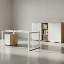 KADIMA DESIGN BÜRO-SET MUENCHEN 5-teilig | Glasfront Abschließbar | Schreibtisch, Container, 2 Schränke, Regal | Chalet-Eiche-Nb./Weiß