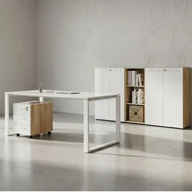 KADIMA DESIGN BÜRO-SET MUENCHEN 5-teilig | Glasfront Abschließbar | Schreibtisch, Container, 2 Schränke, Regal | Chalet-Eiche-Nb./Weiß
