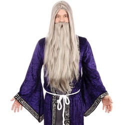 Metamorph Kostüm-Perücke Zauberer graue Langhaarperücke mit grauem Vollbart, Wilder Wuchs für den weisen Wizard grau