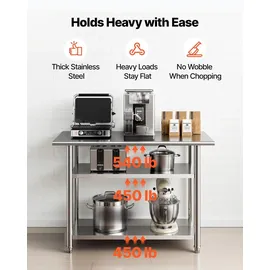 Vevor Gastronomie Arbeitstisch 1219 x 610 x 864 mm, Edelstahltisch mit 3 Ebenen & Höhenverstellbaren Ablagen Belastbarkeit Top 245 kg & 2 Unterablagen je 204 kg Vorbereitungstisch für Restaurant