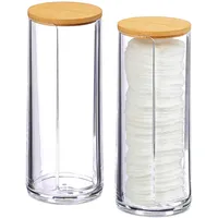Relaxdays Wattepads Aufbewahrung 2er Set, Acryl, Bambus, Bad, Wattepadspender mit Deckel, HxD: 17,5x7,5cm, klar/Natur, 10026559_873