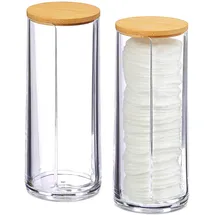 Relaxdays Wattepads Aufbewahrung 2er Set, Acryl, Bambus, Bad, Wattepadspender mit Deckel, HxD: 17,5x7,5cm, klar/Natur, 10026559_873
