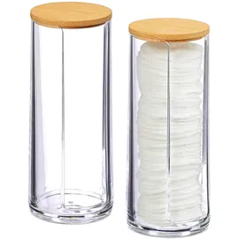 Relaxdays Wattepads Aufbewahrung 2er Set, Acryl, Bambus, Bad, Wattepadspender mit Deckel, HxD: 17,5x7,5cm, klar/Natur, 10026559_873