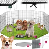 tectake® Freilaufgehege mit Schutznetz, Steckzaun Absperrgitter faltbar und erweiterbar, für Kleintiere, Kaninchen, als Hundegitter, Hundezaun Welpen, Freigehege Hasenstall, Outdoor Gehege