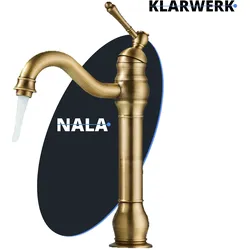 NALA | Vintage Hotel Gastro Messing gebürstet  hohe Badarmatur |Retro Premium Edelstahl Wasserhahn Für hohe Waschbecken |Mischbatterie 2 Anschlüsse
