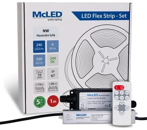 McLED LED-Band - Satz 1 m + Empfänger Nano IP67, 240 LED/m, NW, 6 W/m, DC 24V, 520 lm/m, CRI90, IP67, 10 mm, Konduktor 3 m ML-126.033.90.S01002