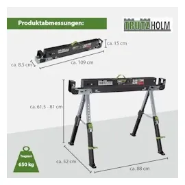 Baumarktplus Sägebock 2.0 DELUXE 9-fach höhenverstellbar Klappbock aus Stahl Traglast 650 kg Arbeitsbock Werkbock