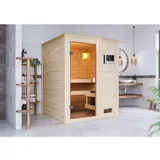 Woodfeeling Sauna Sandra inkl. 9 kW Ofen mit ext. Strg. Glastür