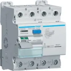 Hager CFB625E Fehlerstromschutzschalter 4 polig 10kA 25A 300mA Typ B.Allstromsensitiver Fehlerstrom-Schutzschalter (FI, RCCB) nach DIN EN 61008-1